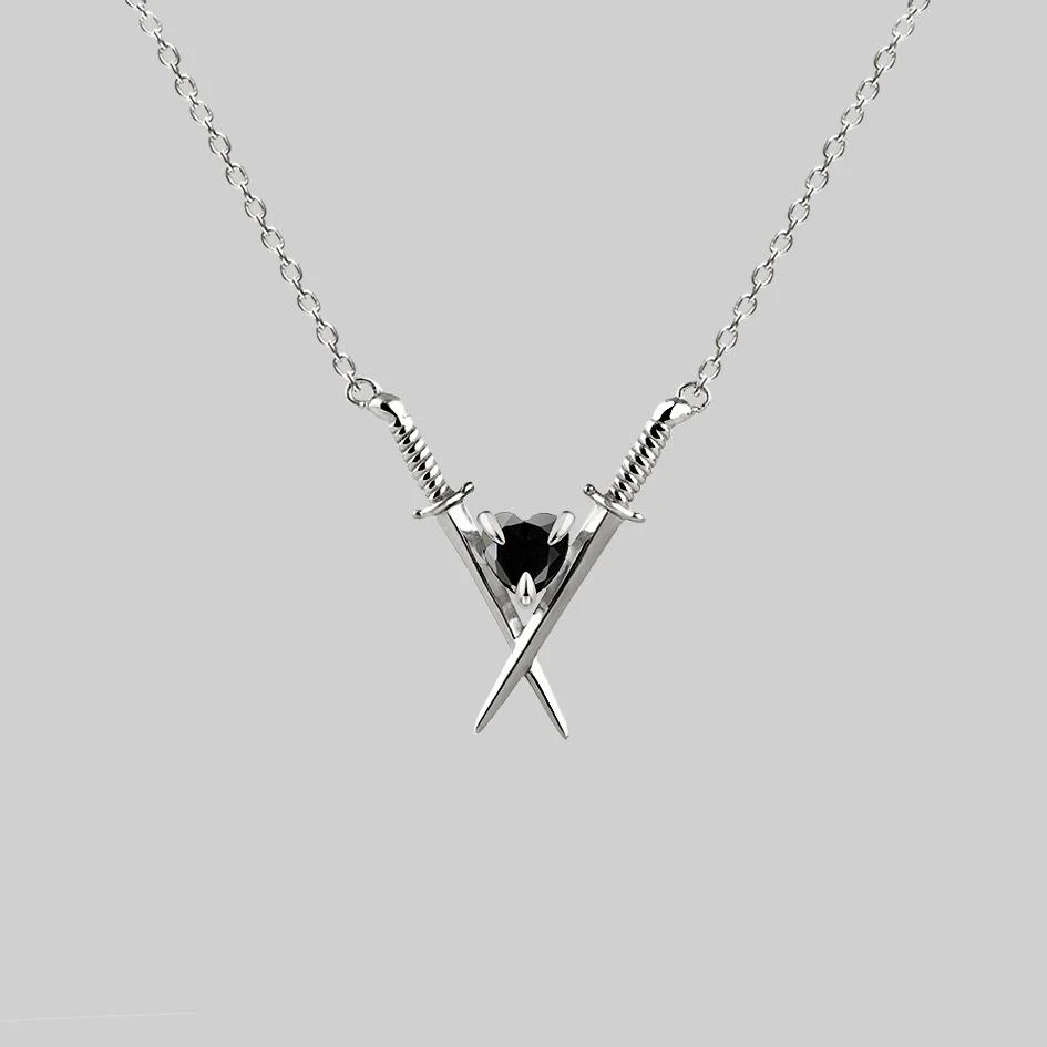 ABJURE. Crossed Swords & Onyx Heart Necklace - Silver - Image 2