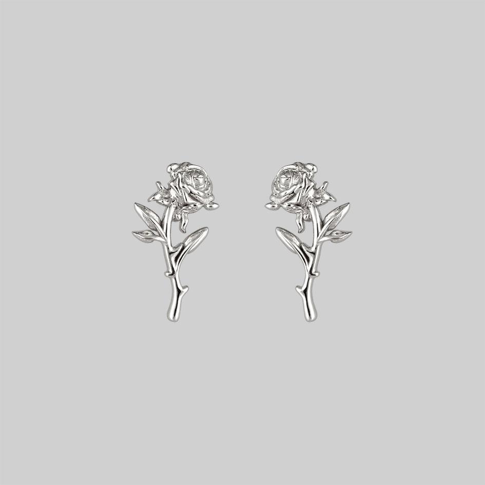 AMOR. Rose Stem Stud Earrings - Silver