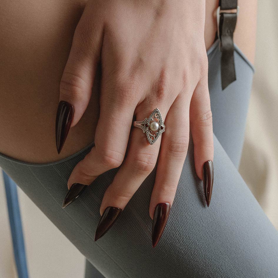 ARABELLA. Thorn Encased Pearl Ring - Silver - Image 2