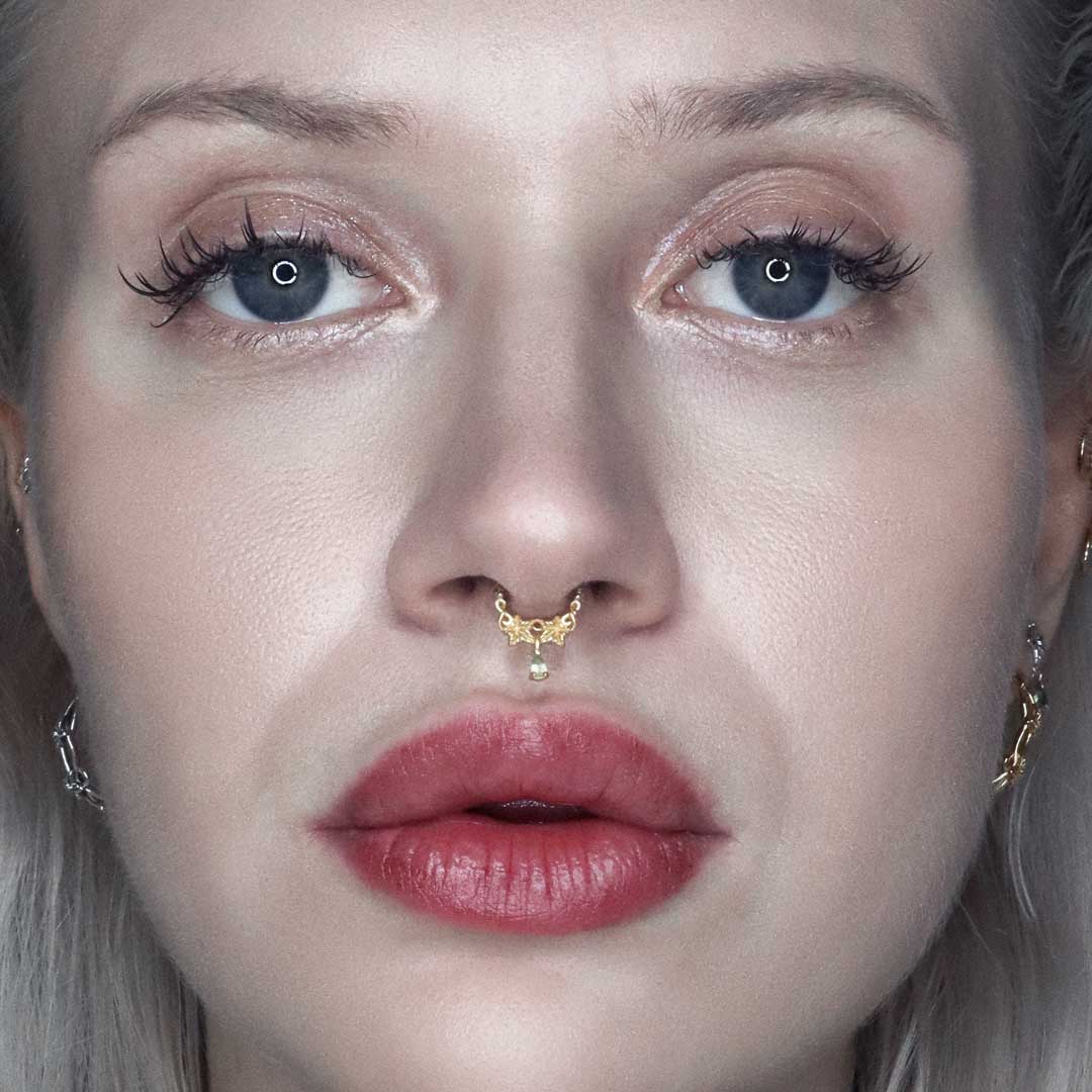 FERONIA. Peridot Droplet Septum - Gold - Image 3