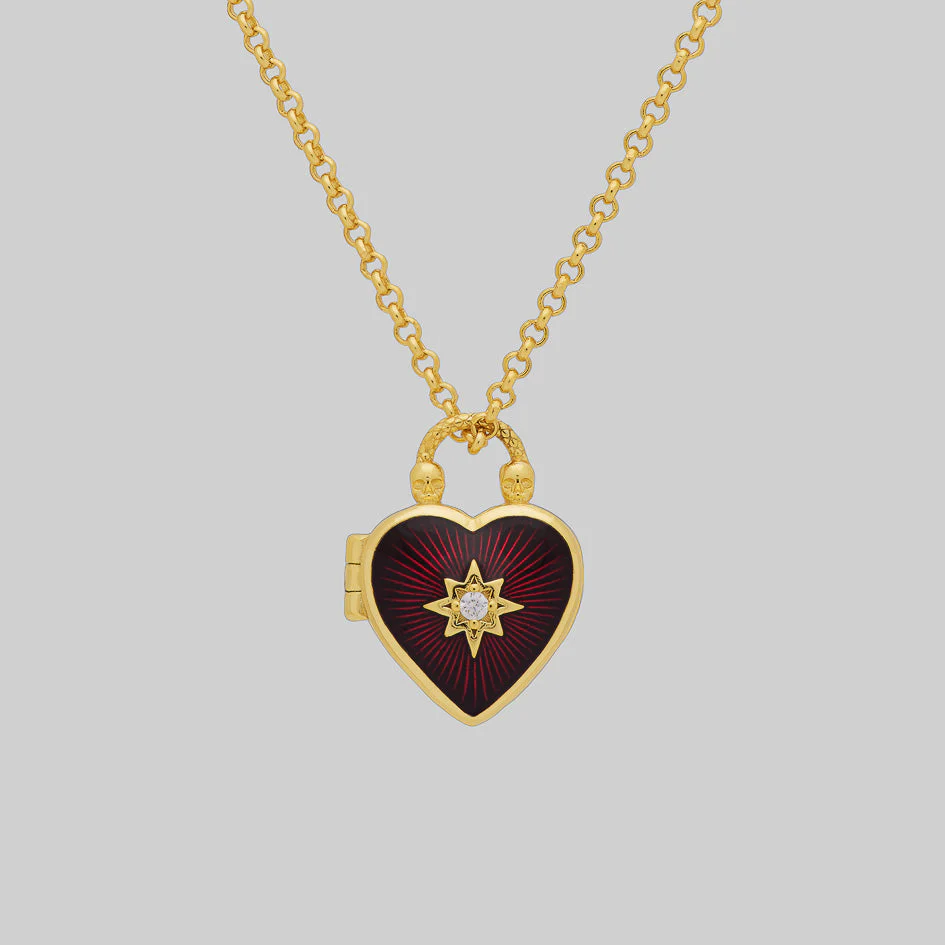 FOREVER YOURS. Red Enamel Heart Locket Necklace - Gold - Image 2