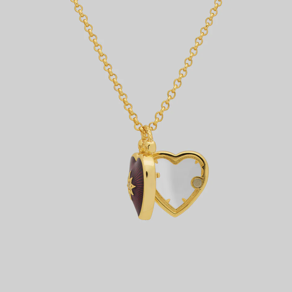 FOREVER YOURS. Red Enamel Heart Locket Necklace - Gold - Image 4