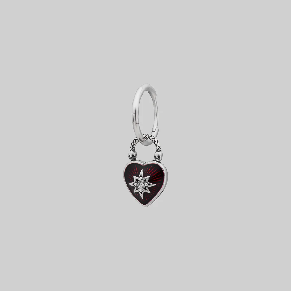 FOREVER YOURS. Red Enamel Heart Padlock Style Hoop Earrings - Silver - Image 6
