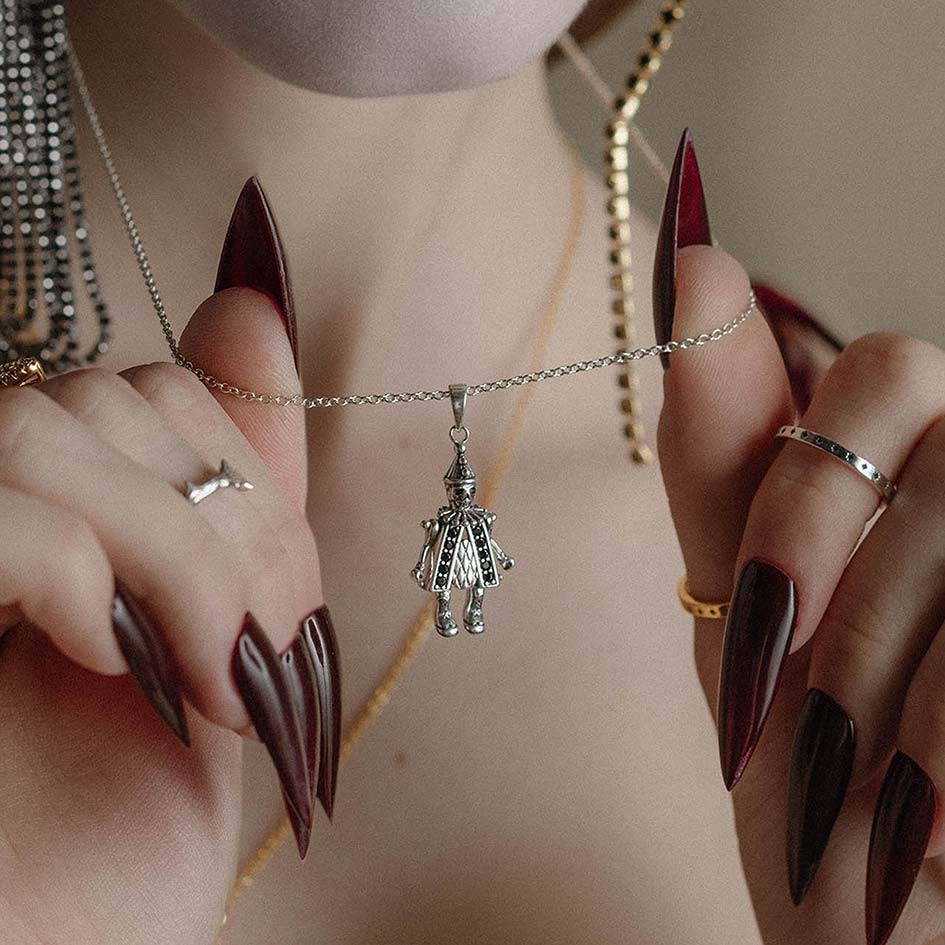 HARLIE. Black Spinel Clown Necklace - Silver - Image 4