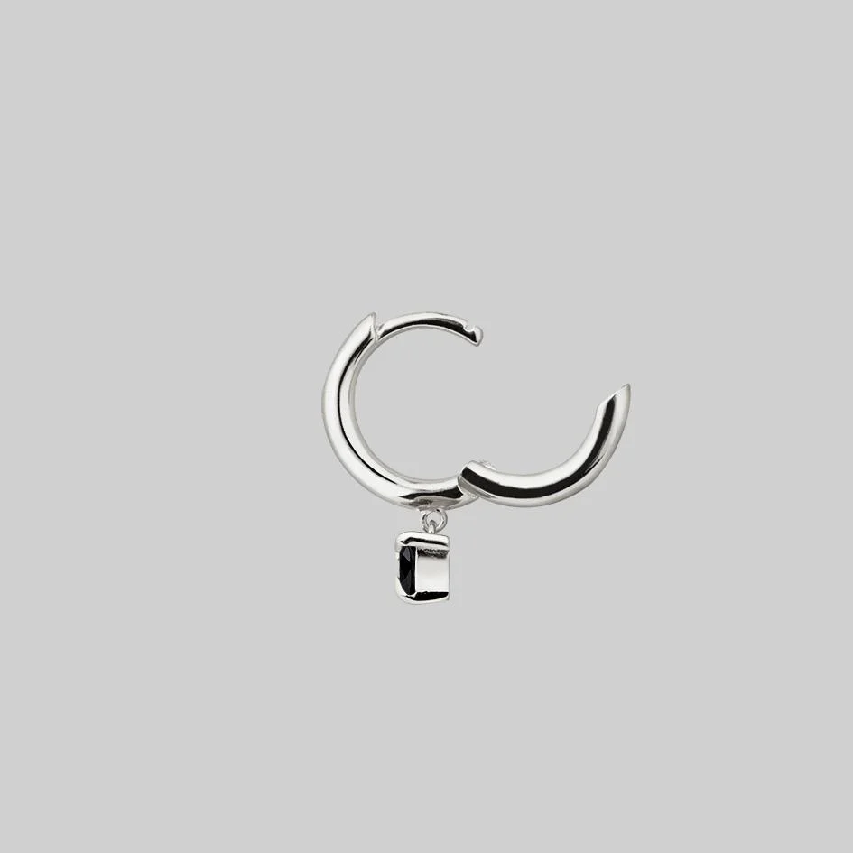 HEART & SOUL. Black Spinel Dangly Heart Hoop Earrings - Silver - Image 7