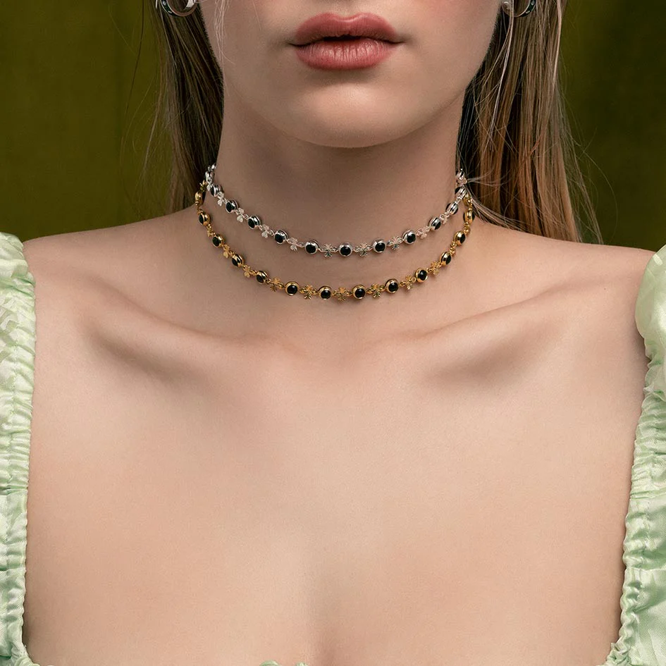 LISBET. Cross & Black Glass Choker - Silver - Image 2