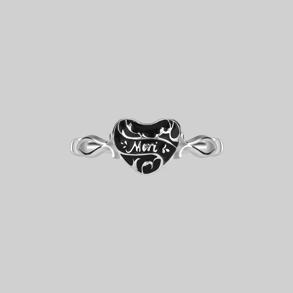 MEMENTO MORI. Black Enamel Heart Silver Ring - Image 2