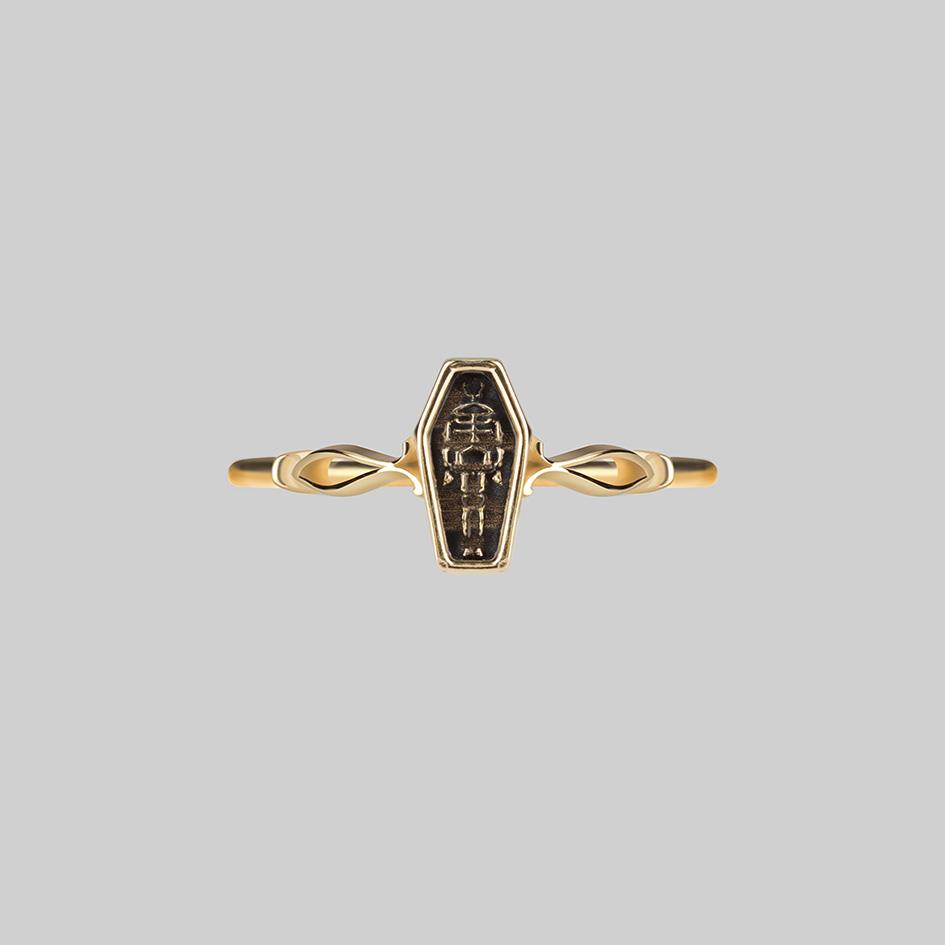 MORALITY. Tiny Skeleton Coffin Gold Ring - Image 2