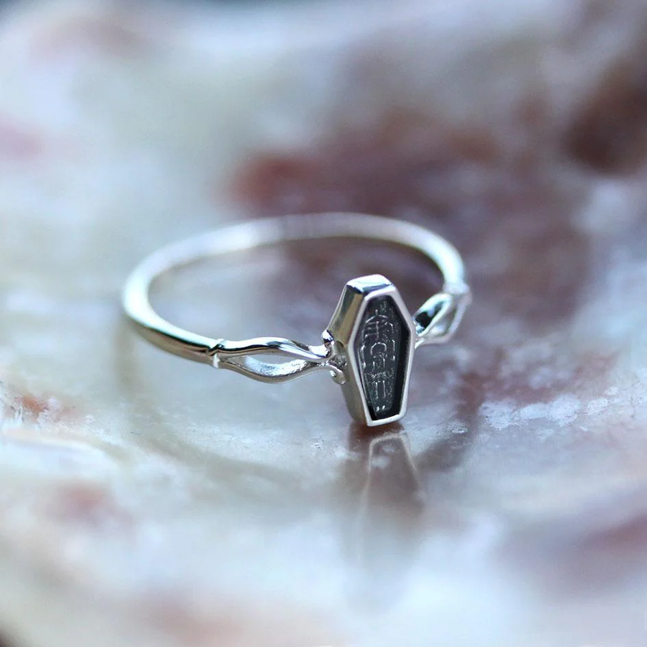 MORALITY. Tiny Skeleton Coffin Silver Ring - Image 2