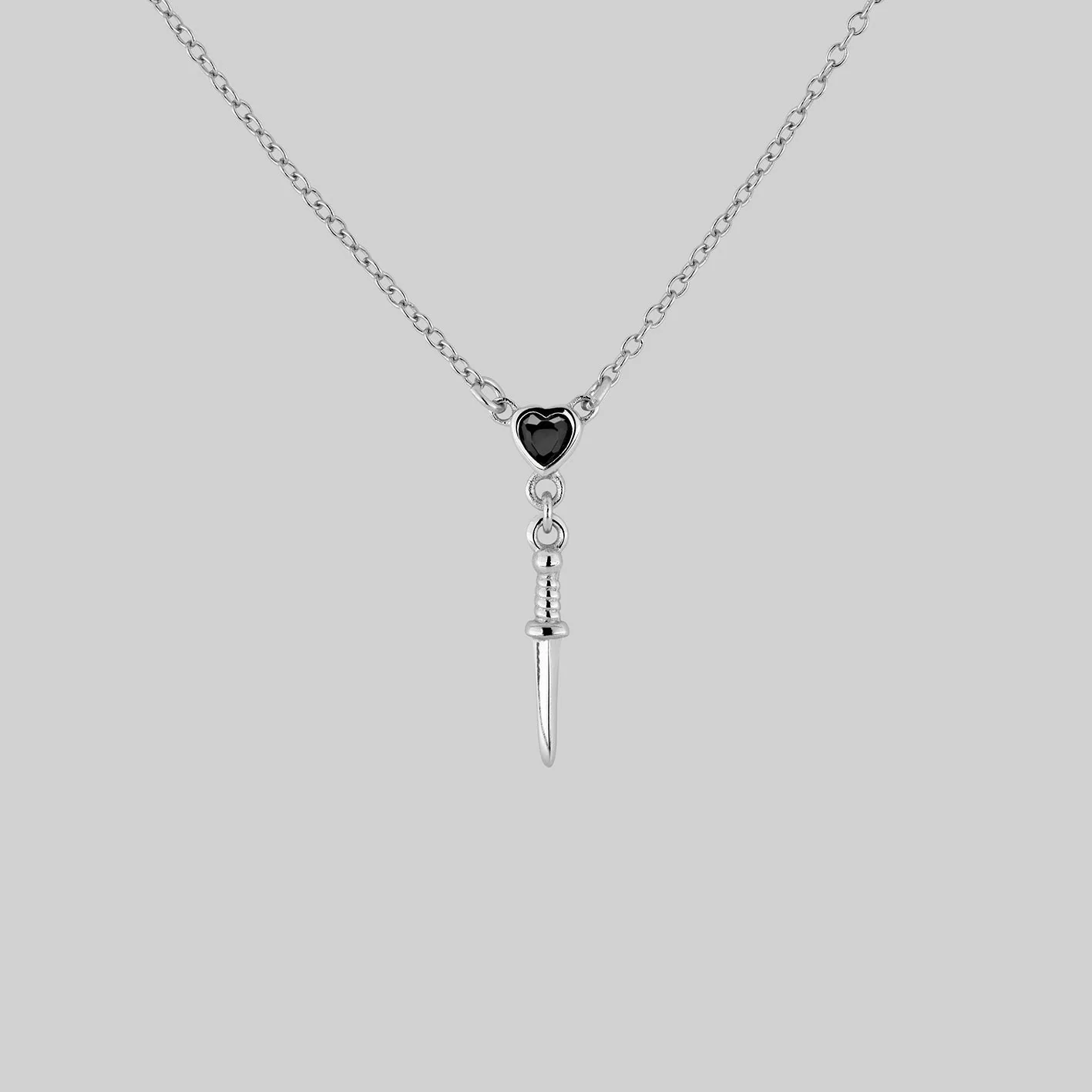 REIGN. Black Spinel Heart & Dagger Drop Necklace - Silver