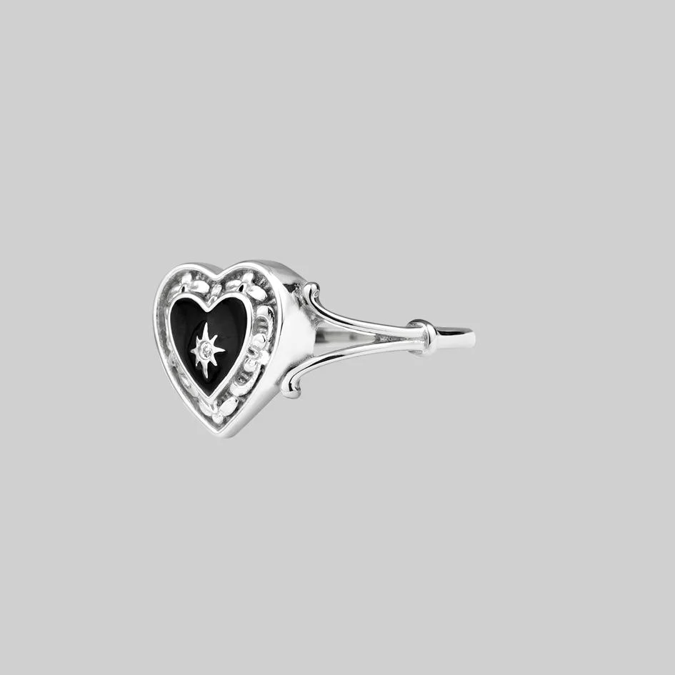 SOLEMN. Black Enamel Heart Ring - Silver - Image 2