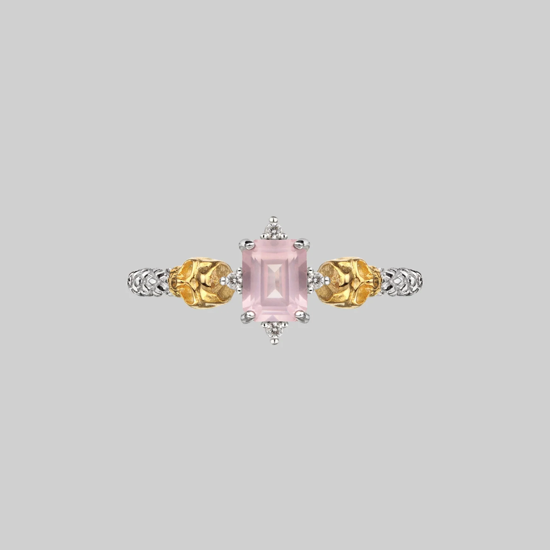 STAR CROSSED LOVERS. Rose Quartz & Skulls Ring - Silver - Image 2
