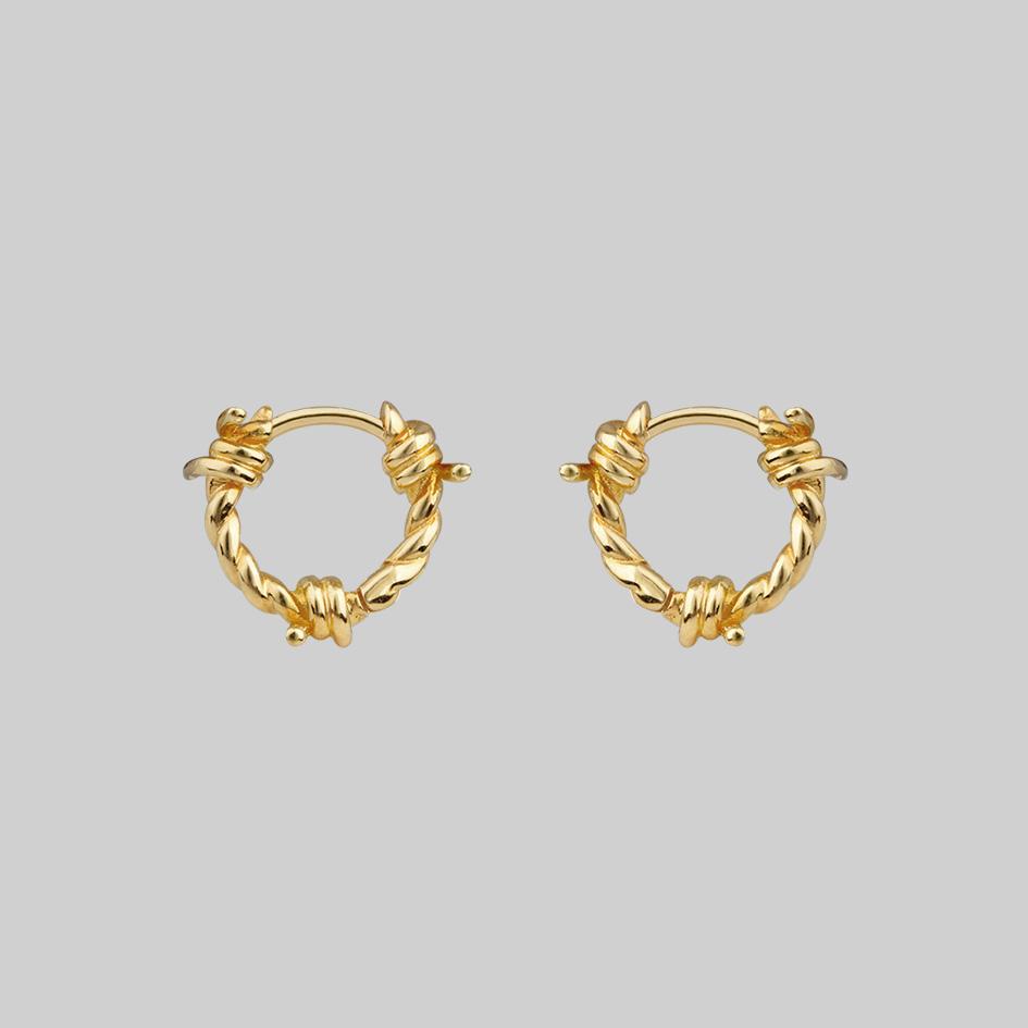SURVIVAL. Symbolic Barbed Wire Clicker Hoop Earrings - Gold - Image 3