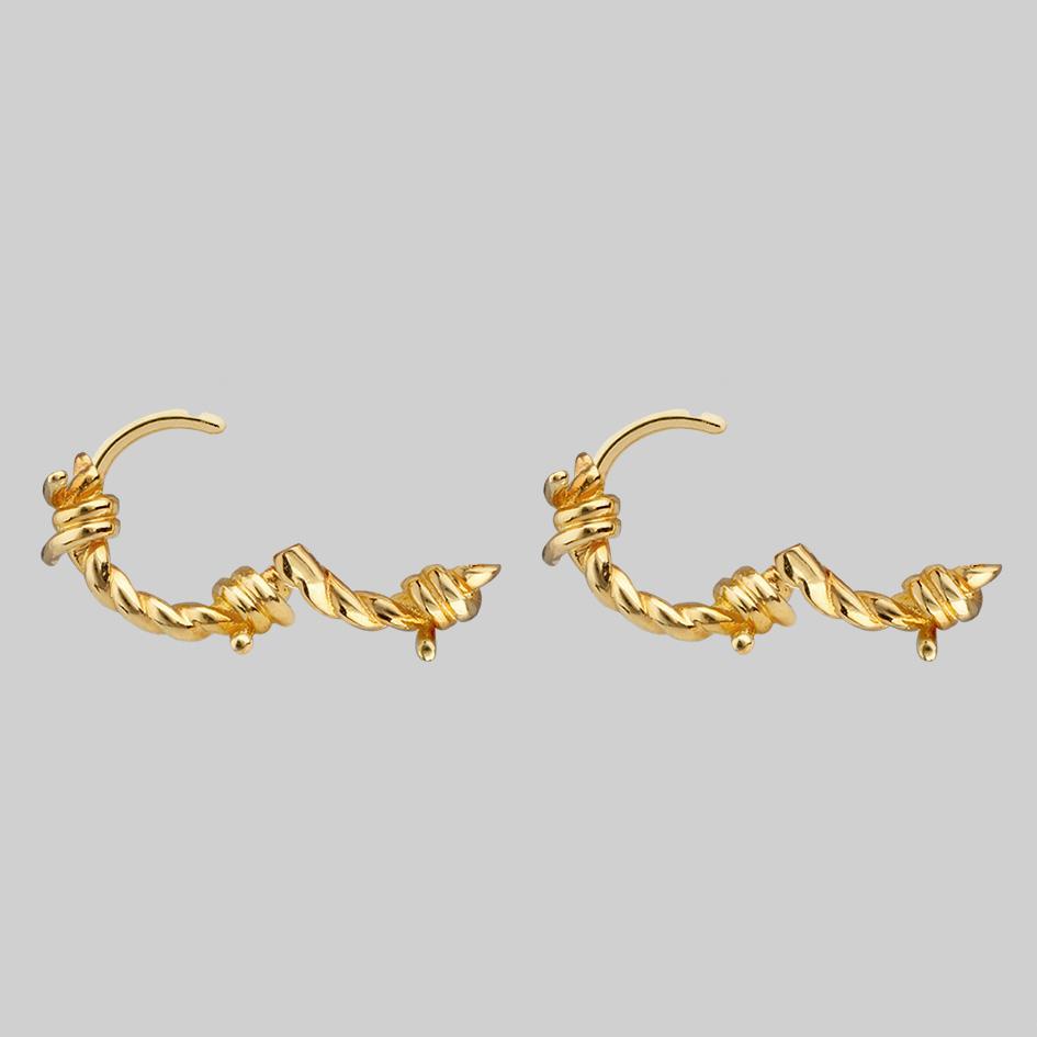 SURVIVAL. Symbolic Barbed Wire Clicker Hoop Earrings - Gold - Image 4
