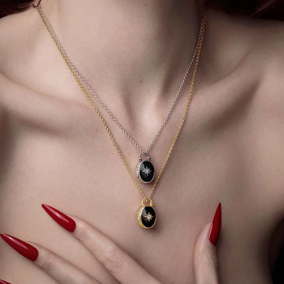 THE HEREAFTER. Black Enamel Oval Locket Necklace - Silver - Image 3