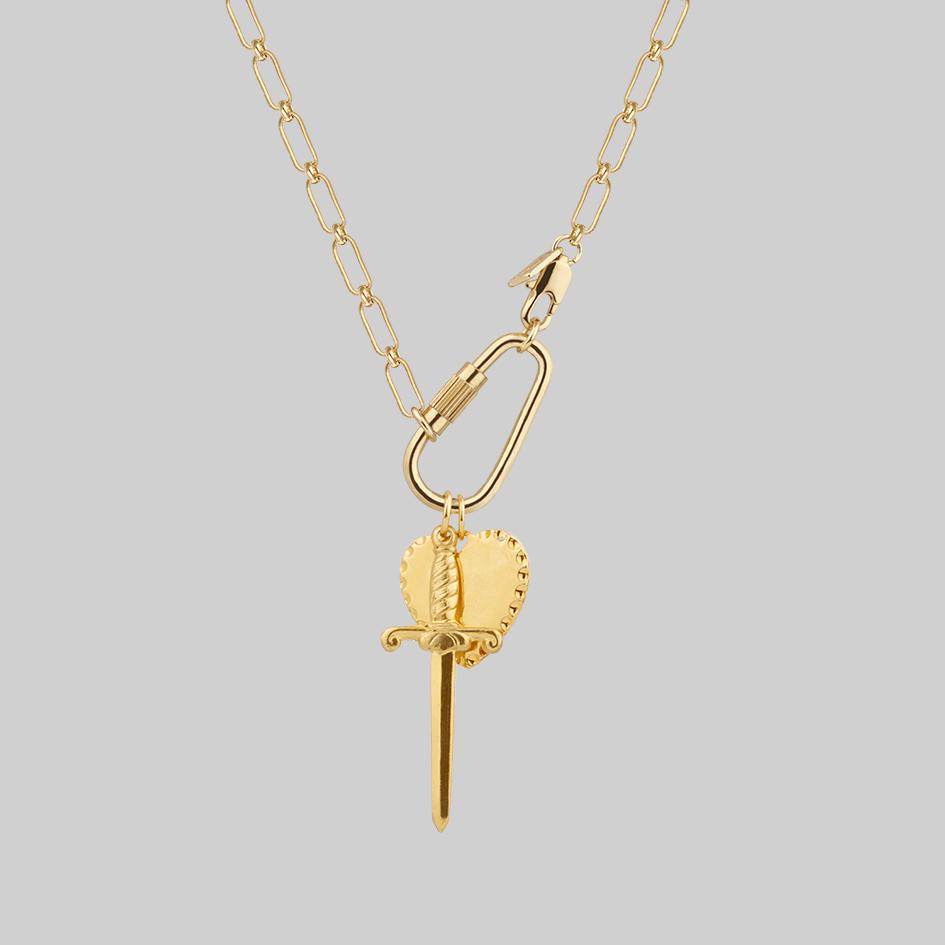 TORMENT. Heart & Dagger Carabiner Charm Necklace - Gold - Image 2