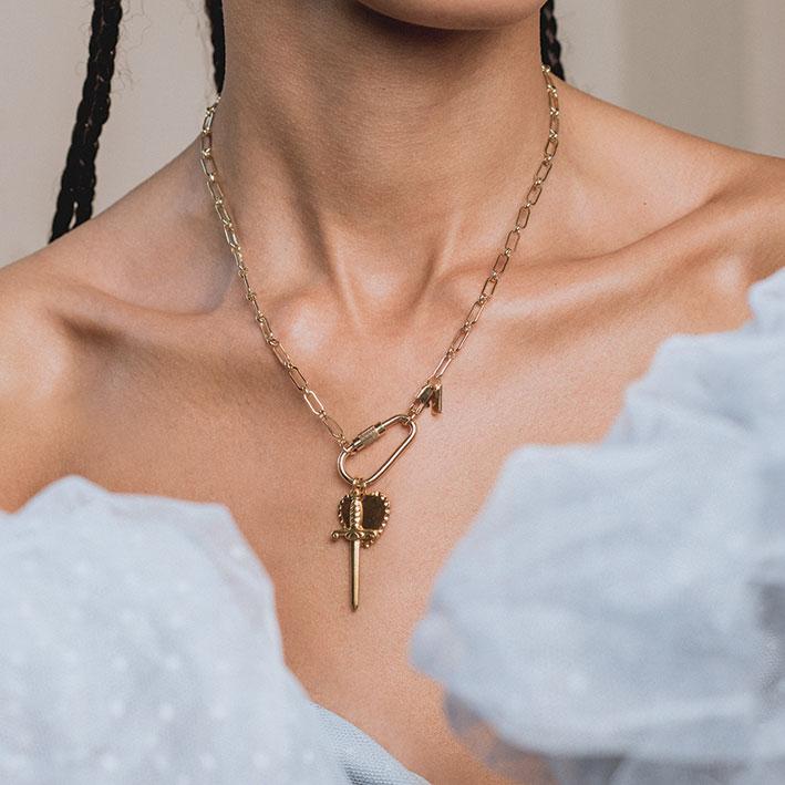 TORMENT. Heart & Dagger Carabiner Charm Necklace - Gold - Image 3