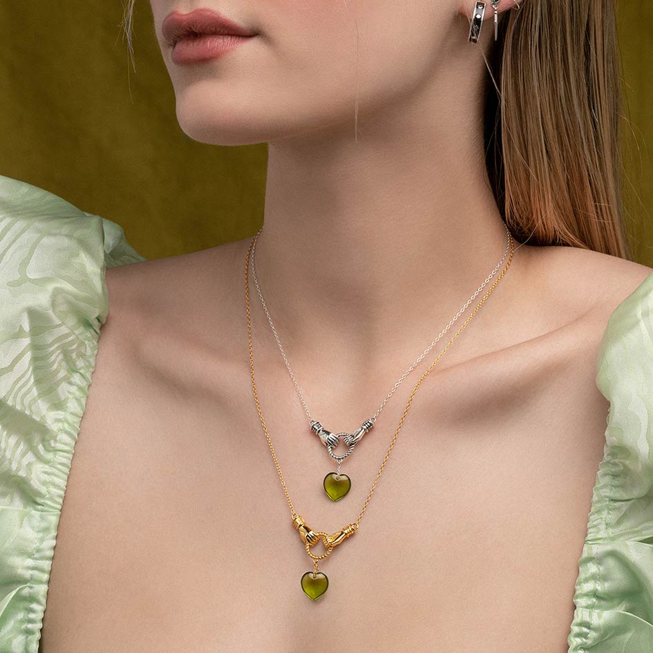 UNITE. Hand Grasping Green Glass Heart Necklace - Silver - Image 2