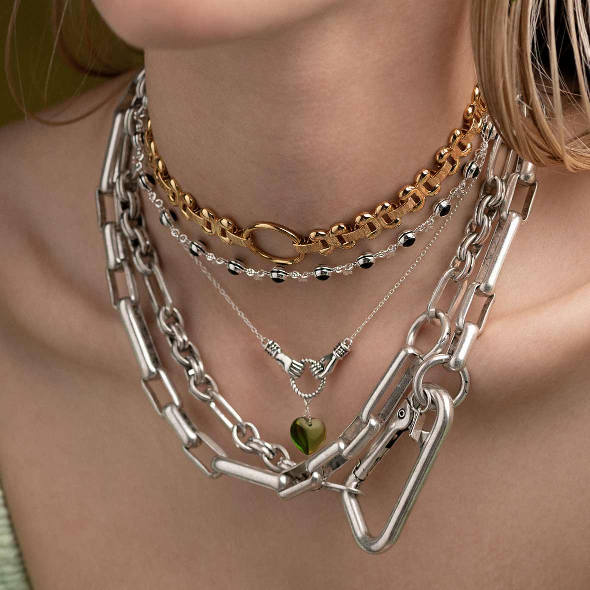 UNITE. Hand Grasping Green Glass Heart Necklace - Silver - Image 3